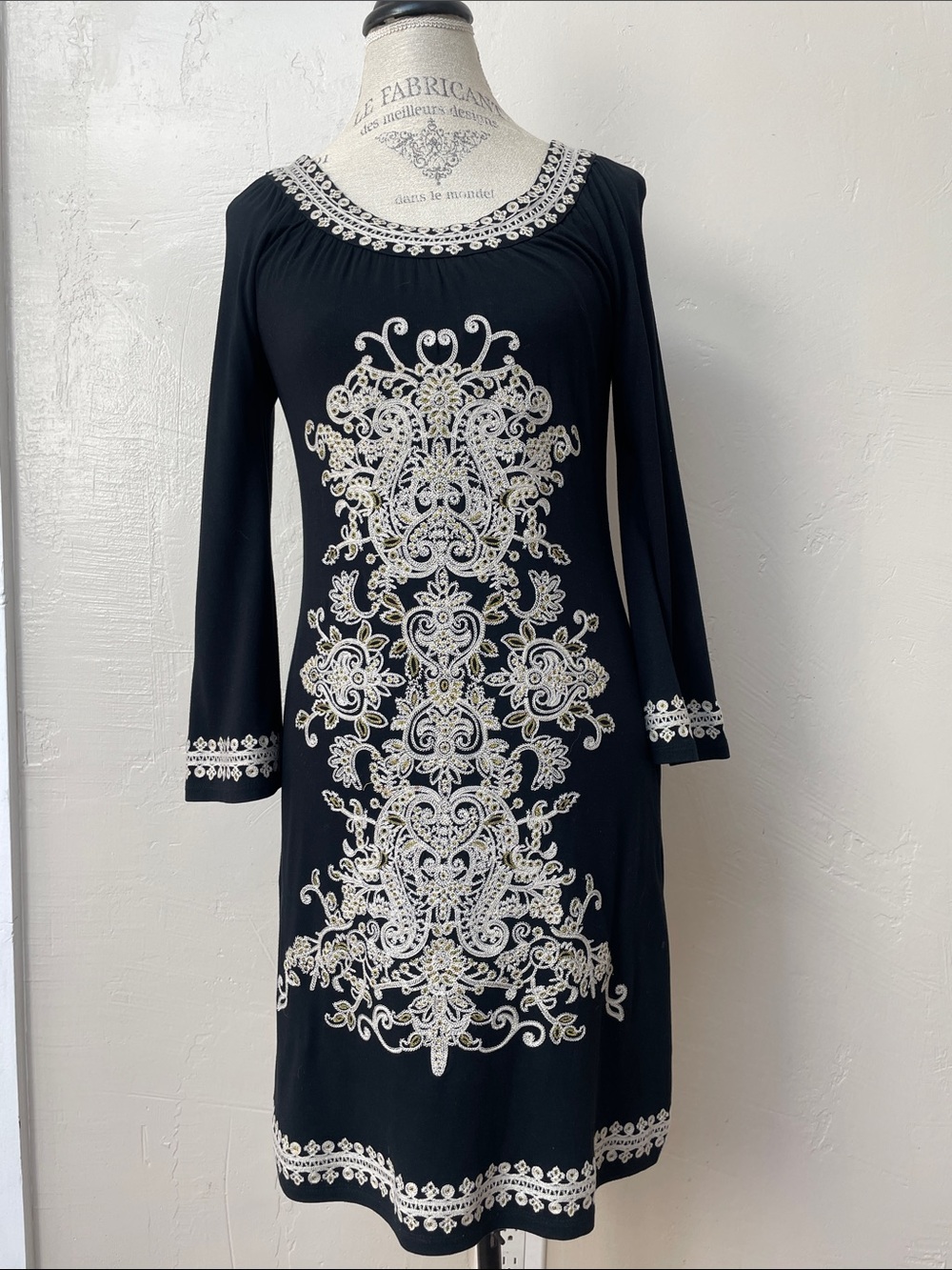 INC International Concepts Black Dress with Ivory & Gold Embroidery